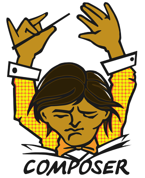 The Composer Official Logo: a male orchestra conductor with both arms in the air and his head tilted down, reading music sheets